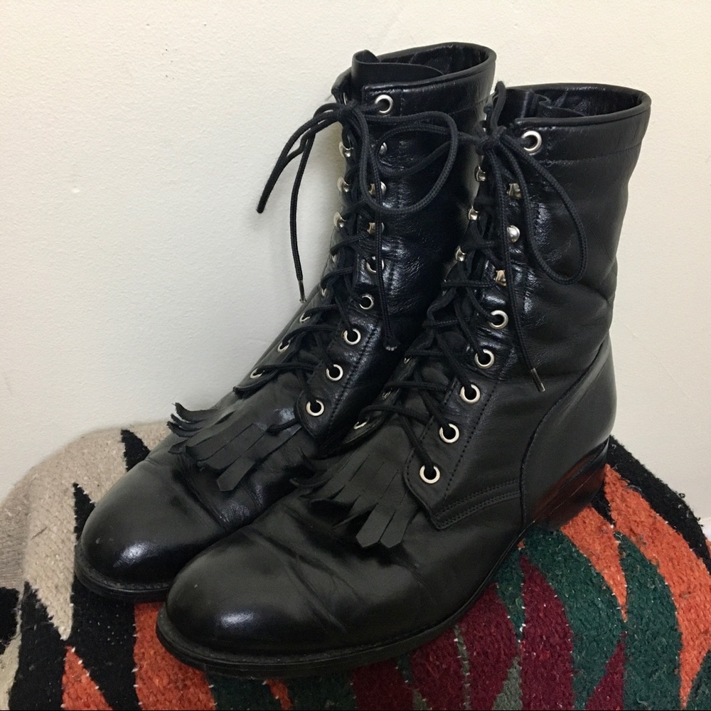 Vintage black leather Acme kiltie lace-up boots